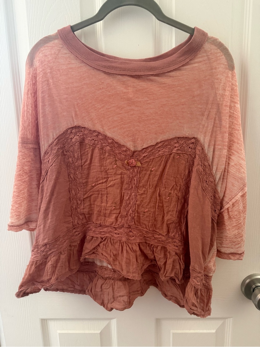 Free People Dusty Rose Lace-Trim Blouse